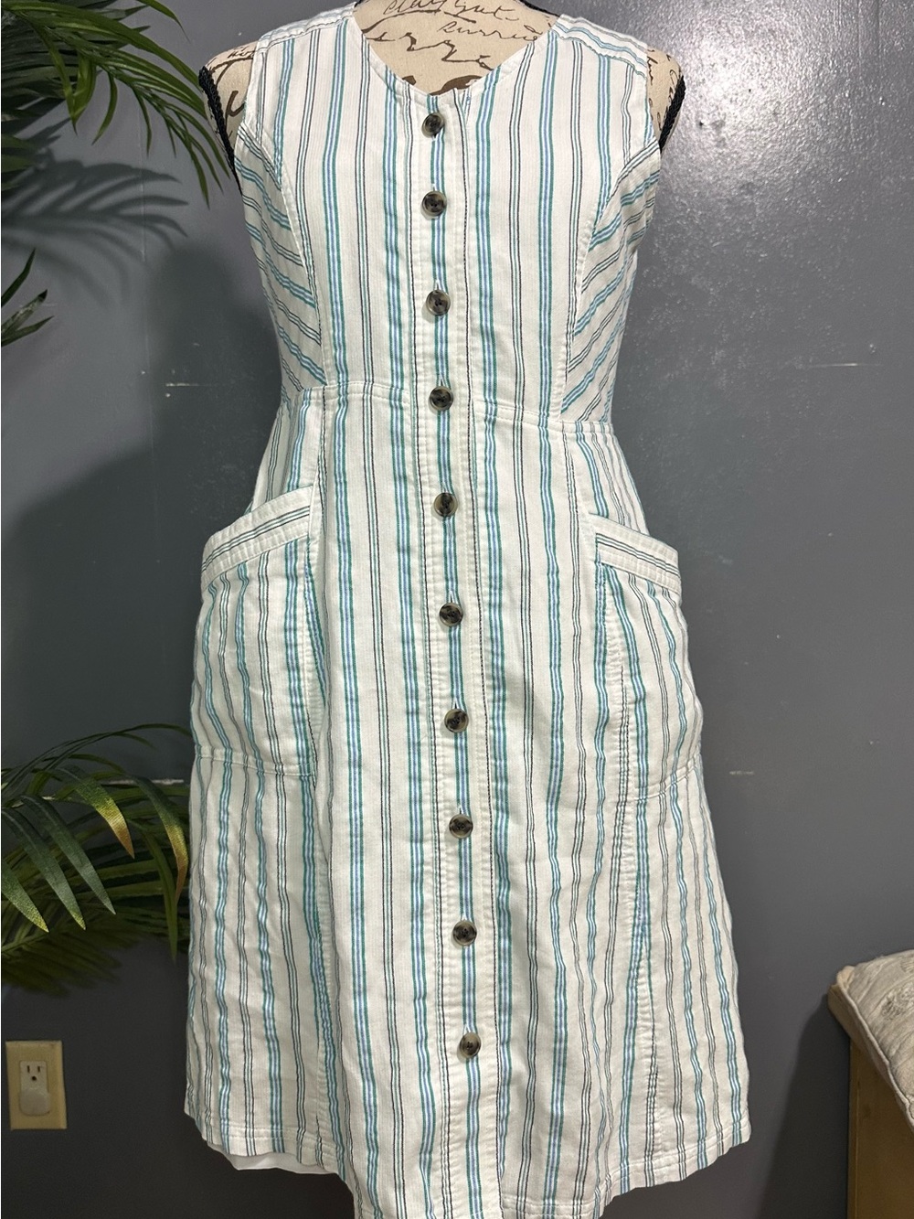 LOFT White Midi Dress with Teal Vertical Stripes